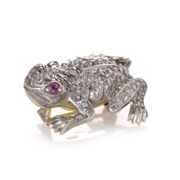 An Edwardian frog brooch in gold and silver set with diamonds and rubies.
