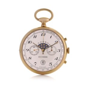 Bucherer Gold Plated Moon Phase Chronograph Pocket Watch