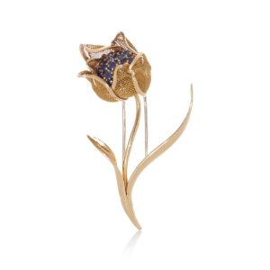 Vintage 18 Carat Gold Floral Form Brooch With Hinged Mesh Petals Set With Sapphires