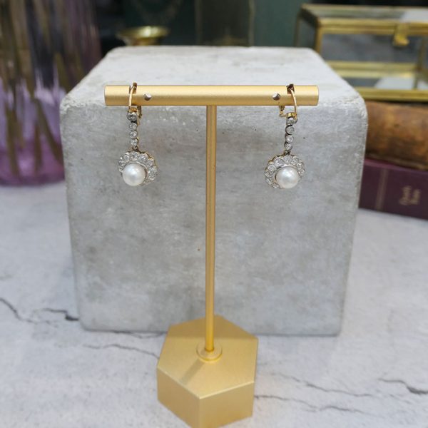 Antique Victorian Pearl and Diamond Cluster Drop Earrings, 2.80 carats