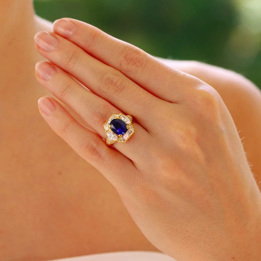 Vintage Givenchy sapphire and diamond ring set in yellow gold.
