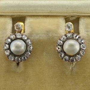 Antique Natural Pearl and Rose Cut Diamond Cluster Earrings