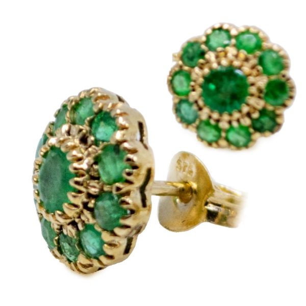 Emerald flower earrings stud yellow gold