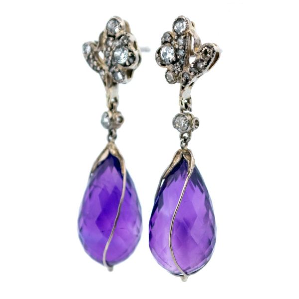 Vintage amethyst and diamond drop earrings in white gold