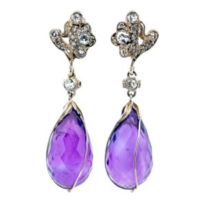 Vintage Amethyst And Diamond Drop Earrings In 14 Carat White Gold