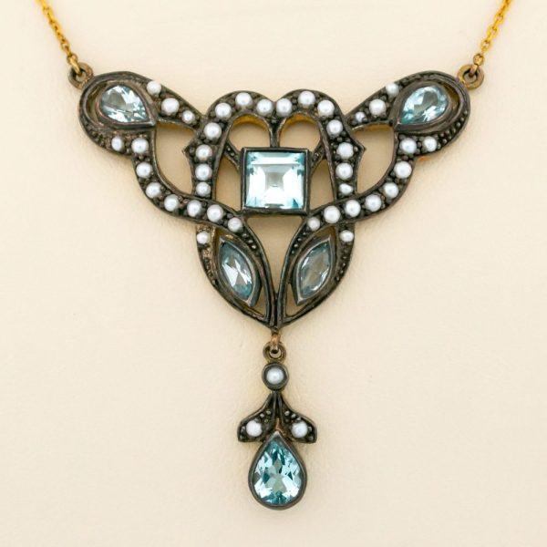 Vintage aquamarine and pearl lavalier necklace in gold and silver