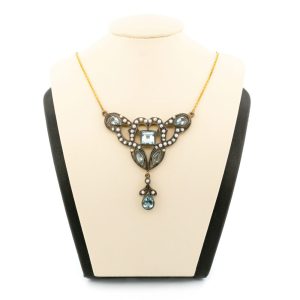 Vintage Aquamarine And Pearl Lavaier Necklace In Gold And Silver