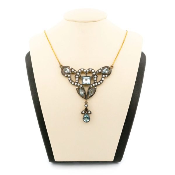 Vintage aquamarine and pearl lavalier necklace in gold and silver