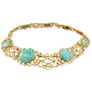 Antique Art Nouveau Iranian Turquoise and 14ct Yellow Gold Wire Choker Necklace