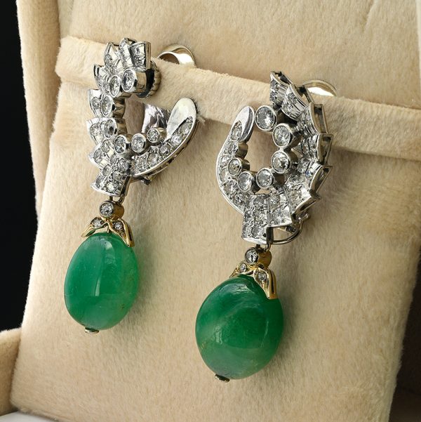 Art Deco Italian 40cts Emerald and 3.20ct Diamond Night and Day Earrings by Umberto Fontana