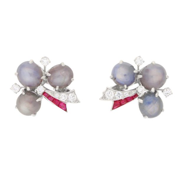 Sapphire, diamond and ruby clover stud earrings set in platinum