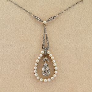Edwardian 1.20ct Diamond and Natural Pearl Cluster Pendant Necklace