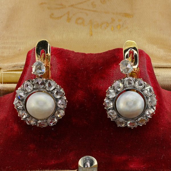 Victorian Antique Natural Pearl and Rose Cut Diamond Cluster Earrings