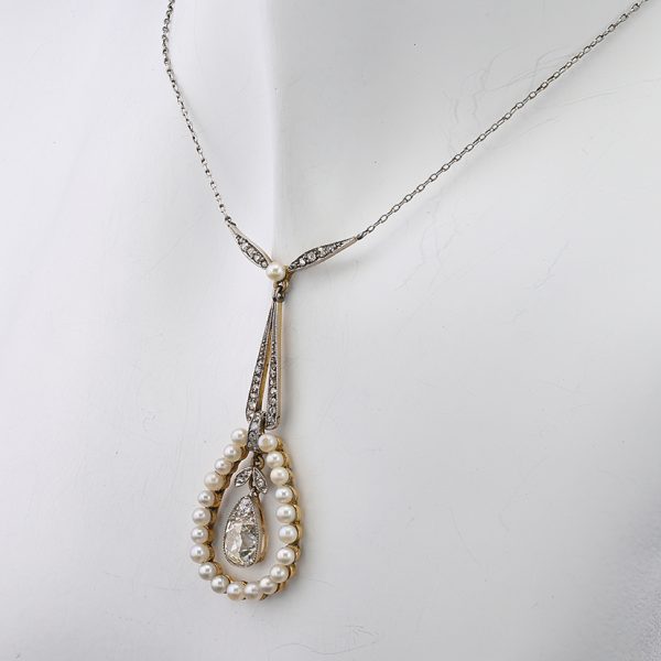 Antique Edwardian 1.20ct Pear Shaped Cushion Cut Diamond and Natural Pearl Cluster Pendant Necklace