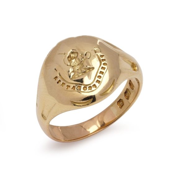 Antique 18ct Gold Signet Ring with Latin Inscription For King and Country ' Pro Rege Pro Patria '. Made in England, London, Circa 1920s