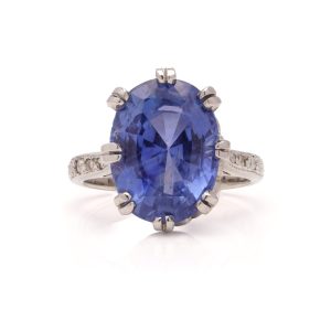 5.50 Carat Oval Faceted Sapphire And Diamond Ring In Platinum