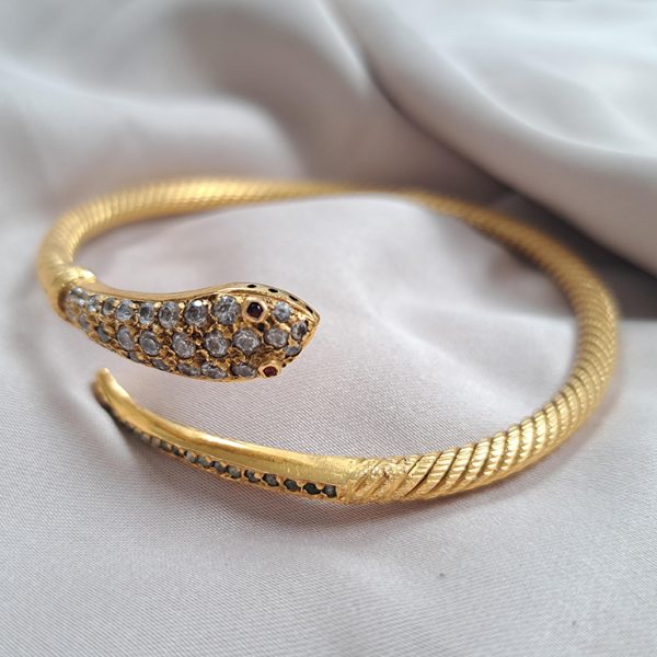 Antique 22ct Yellow Gold Snake Bangle Bracelet with Old Cut Diamonds