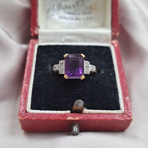 Emerald Cut Amethyst Engagement Ring with Stepped Diamond Shoulders in 18ct Yellow Gold