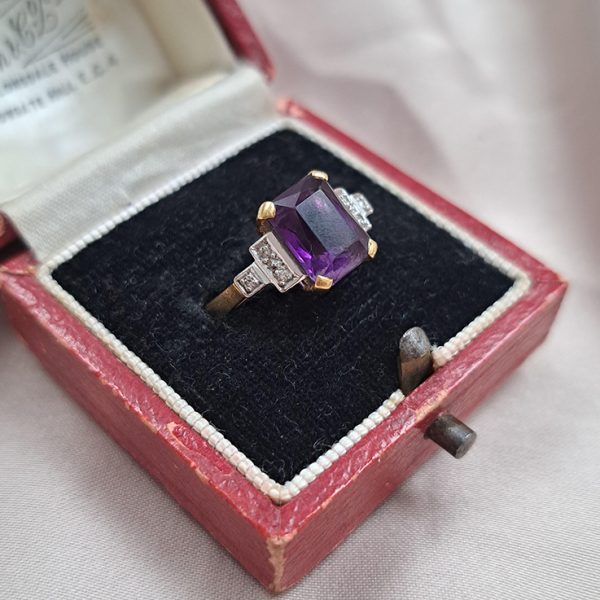 Emerald Cut Amethyst Engagement Ring with Stepped Diamond Shoulders in 18ct Yellow Gold