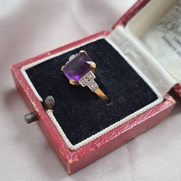 Emerald Cut Amethyst Engagement Ring with Stepped Diamond Shoulders in 18ct Yellow Gold