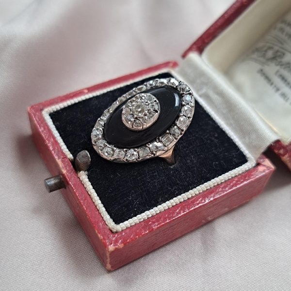 Georgian Antique Rose Cut Diamond and Black Onyx Cluster Plaque Ring