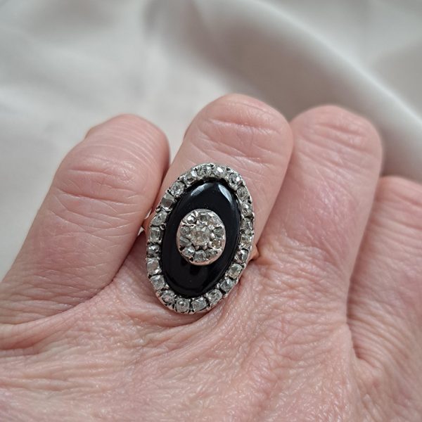 Georgian Antique Rose Cut Diamond and Black Onyx Cluster Plaque Ring
