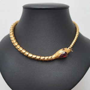 Antique Gold Snake Collar Necklace with Garnet