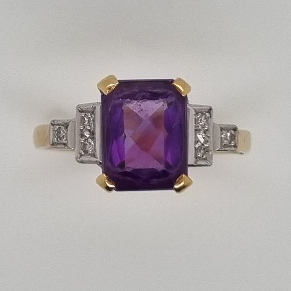 Emerald Cut Amethyst and Diamond Engagement Ring