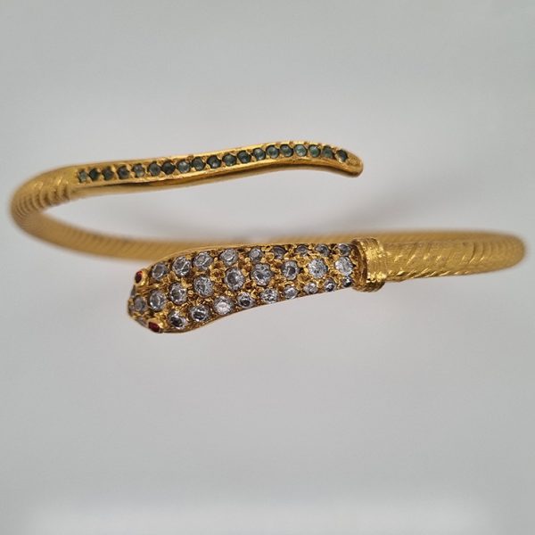 Antique 22ct Yellow Gold Snake Bangle Bracelet with Old Cut Diamonds