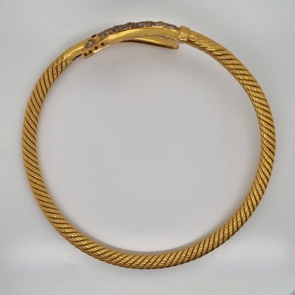 Antique 22ct Yellow Gold Snake Bangle Bracelet with Old Cut Diamonds
