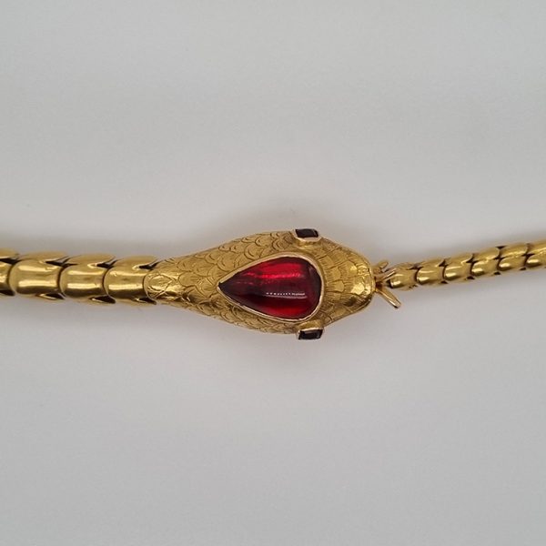 Antique Gold Snake Collar Necklace with Garnet