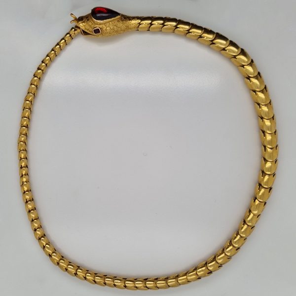 Antique Gold Snake Collar Necklace with Garnet