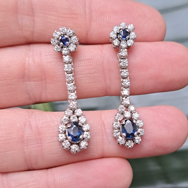 Sapphire and 1ct Diamond Double Cluster Drop Earrings in 18ct White Gold