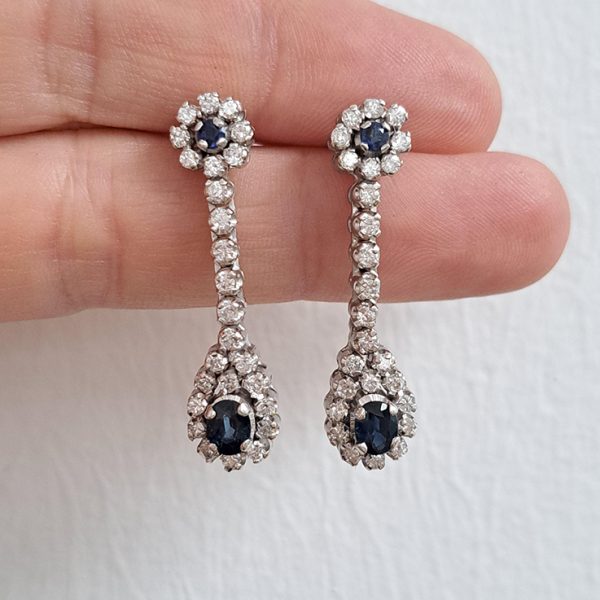 Sapphire and 1ct Diamond Double Cluster Drop Earrings in 18ct White Gold