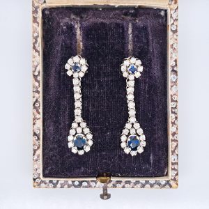 Sapphire and 1ct Diamond Double Cluster Drop Earrings in 18ct White Gold