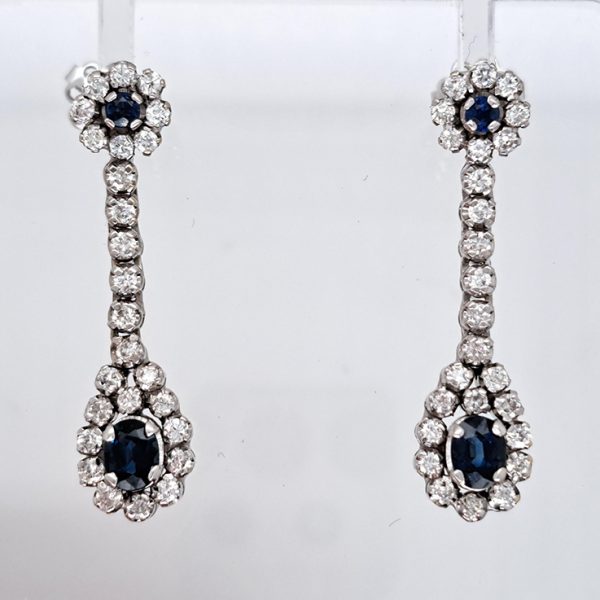 Sapphire and 1ct Diamond Double Cluster Drop Earrings in 18ct White Gold