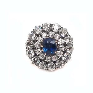 Antique victorian round Sapphire and diamond cluster ring, two tier halo blue. old cuts diamonds silver and gold