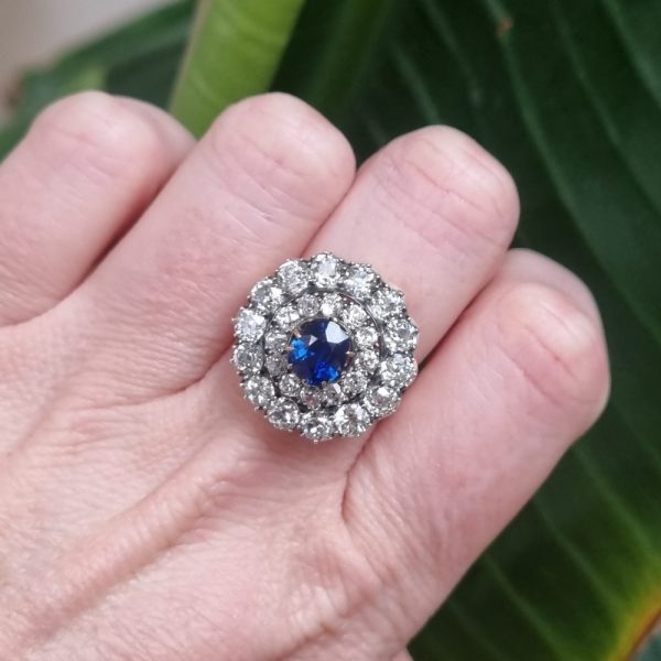 Sapphire and diamond ring, round cluster old cuts, antique