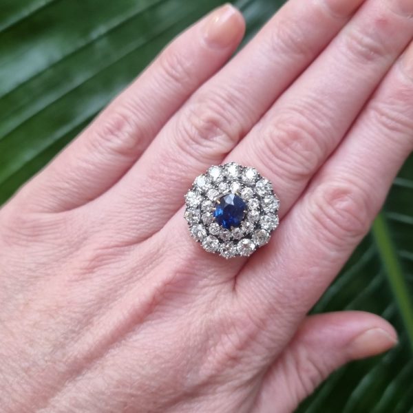Antique large sapphire and old cut diamond ring, victorian 1880 London UK Model