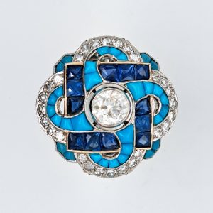 Antique Art Deco 0.80ct Diamond Turquoise Sapphire Cluster Cocktail Ring in Platinum