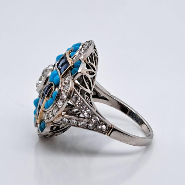 Antique Art Deco 0.80ct Diamond Turquoise Sapphire Cluster Cocktail Ring in Platinum