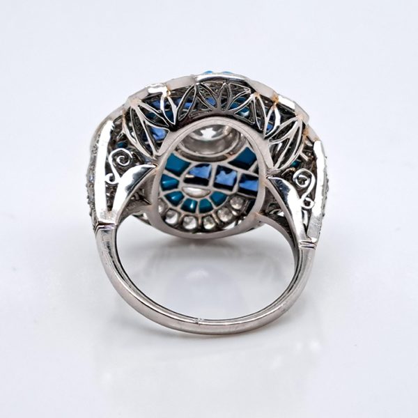 Antique Art Deco 0.80ct Diamond Turquoise Sapphire Cluster Cocktail Ring in Platinum