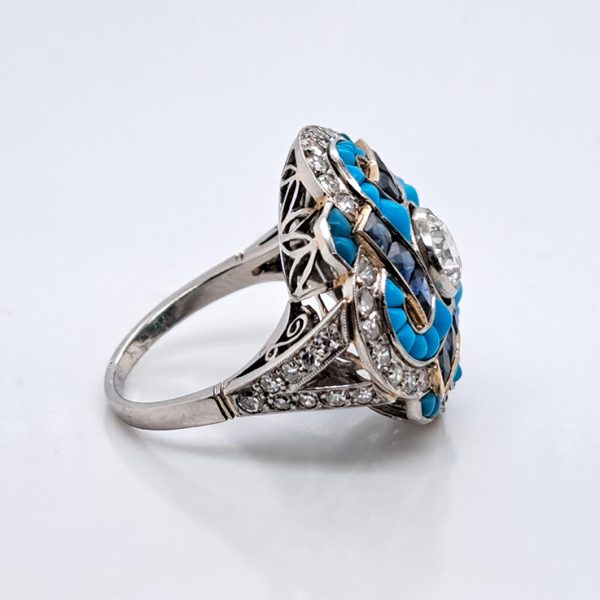 Antique Art Deco 0.80ct Diamond Turquoise Sapphire Cluster Cocktail Ring in Platinum