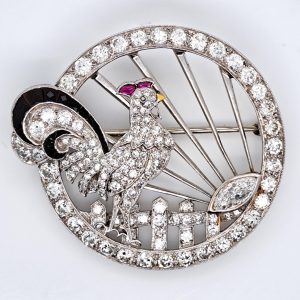 Antique Diamond Cockerel Circular Openwork Brooch in Platinum, 2.26 carat total, marquise eight cut single cut diamonds
