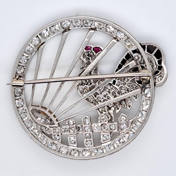 Antique Diamond Cockerel Circular Openwork Brooch in Platinum, 2.26 carat total, marquise eight cut single cut diamonds