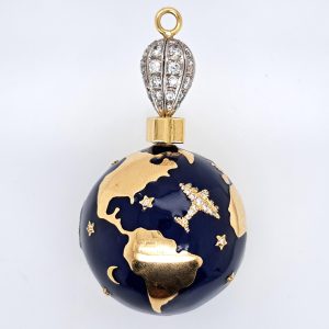 Unique Blue Enamel and 14ct Yellow Gold World Globe Perfume Scent Holder with Diamonds