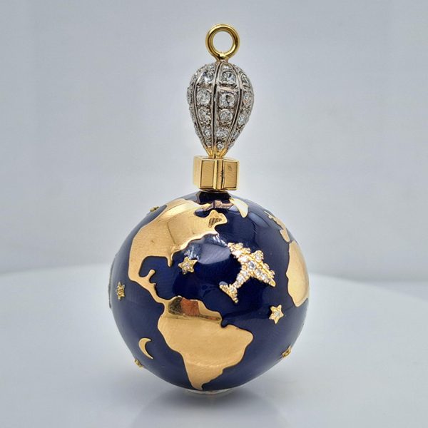 Unique Blue Enamel and 14ct Yellow Gold World Globe Perfume Scent Holder with Diamonds
