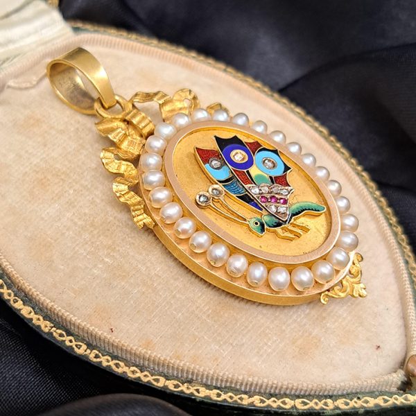 Antique French Multi Colour Enamel Butterfly 18ct Yellow Gold Locket Pendant with Pearls