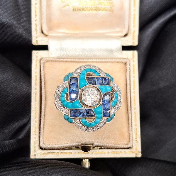Antique Art Deco 0.80ct Old European Cut Diamond Turquoise Sapphire Cluster Cocktail Ring in Platinum