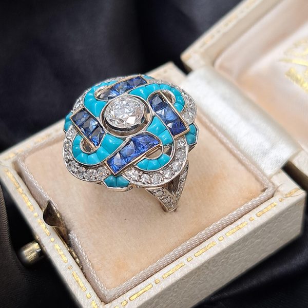 Antique Art Deco 0.80ct Old Transitional Cut Diamond Turquoise Sapphire Cluster Cocktail Ring in Platinum